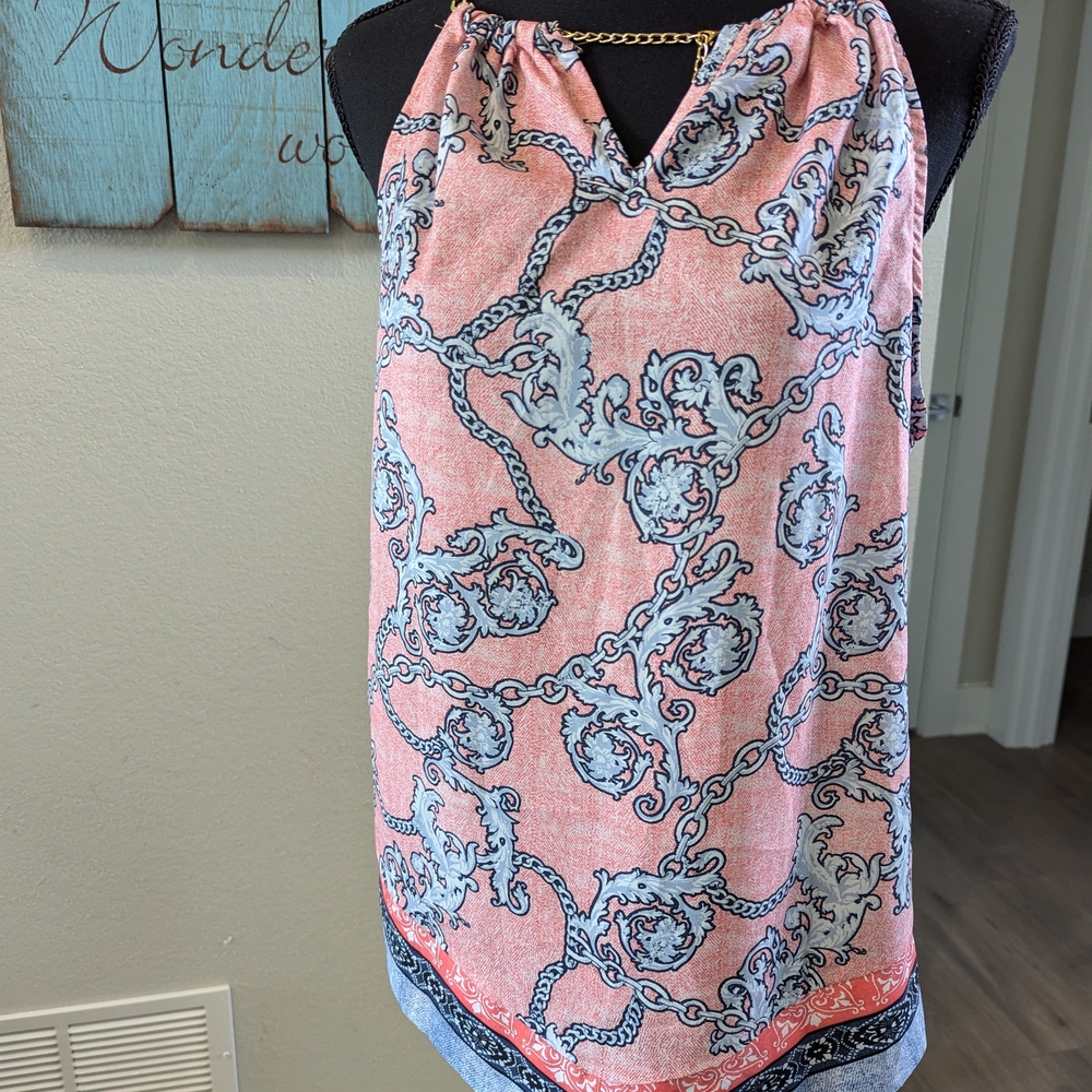 VENUS Coral and Light Blue Chain-Trim Halter Top